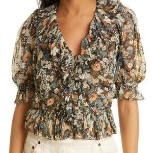 Ulla Johnson ruby floral ruffle puff sleeve silk and metallic top size 8